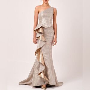 Jean Paul Ataker Silver Gold Metallic One Shoulder Ruffle Mermaid Dress 10 NWT